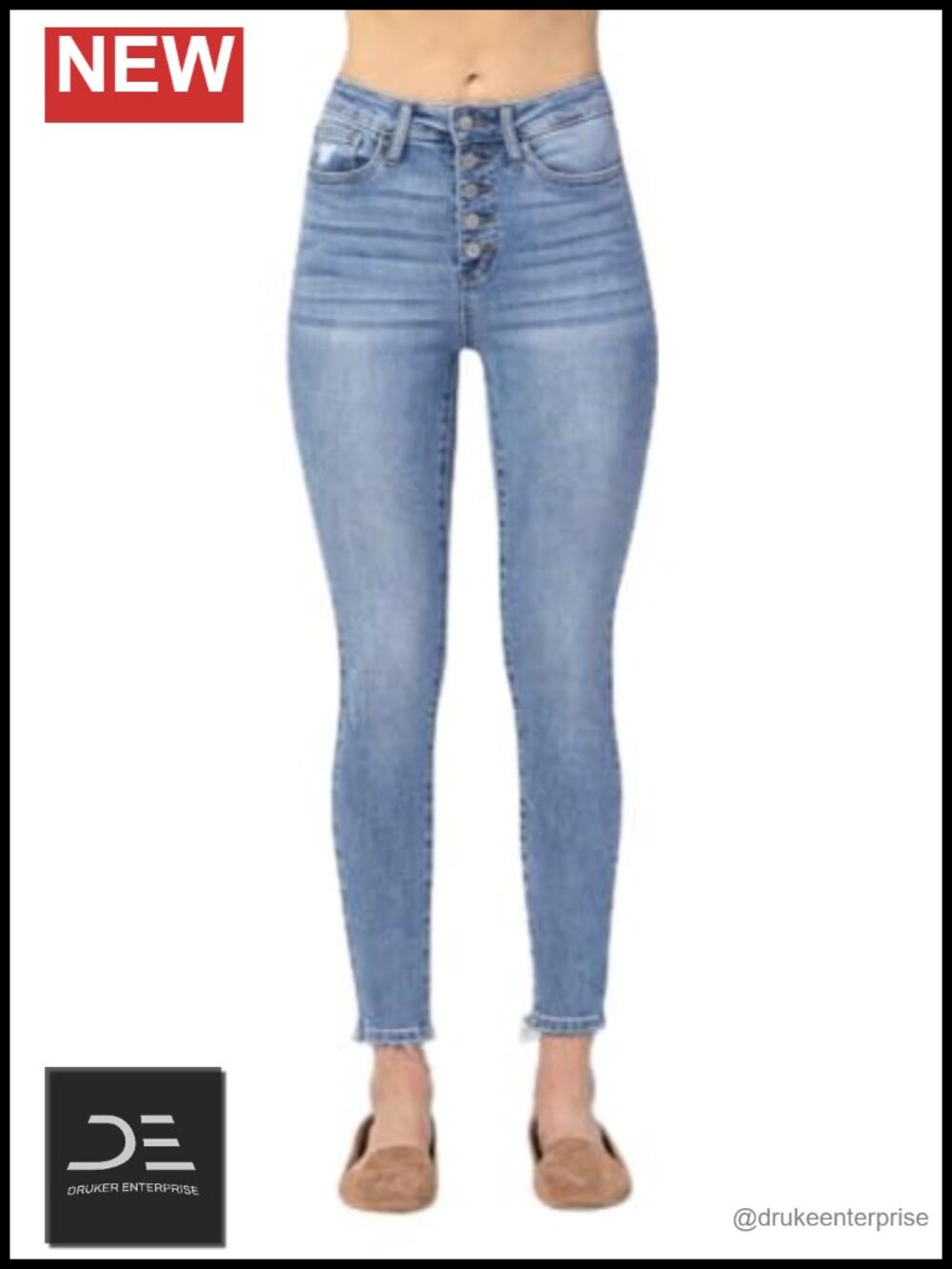High Waisted Button Fly Skinny Jeans, 91% Cotton Non-Stretch